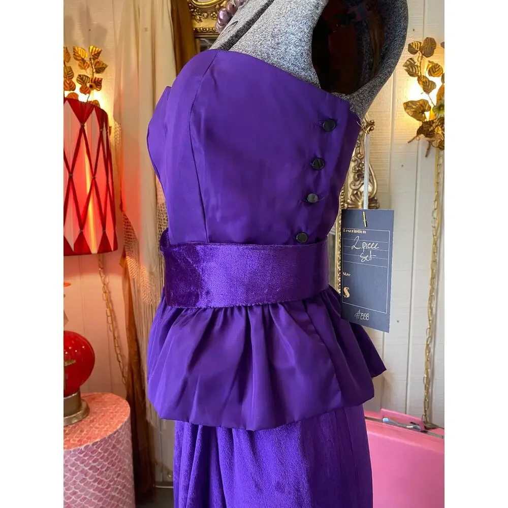 vintage 1970s 3 piece set, purple velvet maxi skirt, peplum bustier, 70s formal